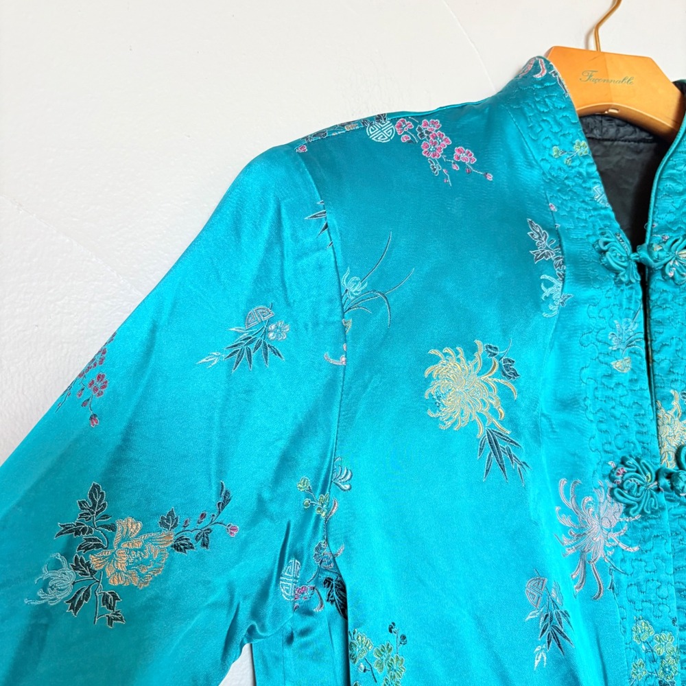 Vintage Reversible Satin Chinese Jacket Teal Black Embroidered Frog‎ Buttons - Picture 9 of 16